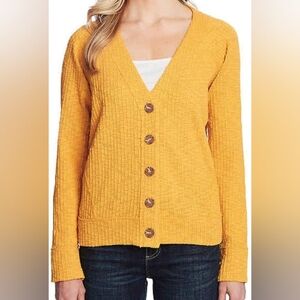 Two By Vince Camuto Textured Knit Button Front Boxy Cardigan, Mustard Yellow.